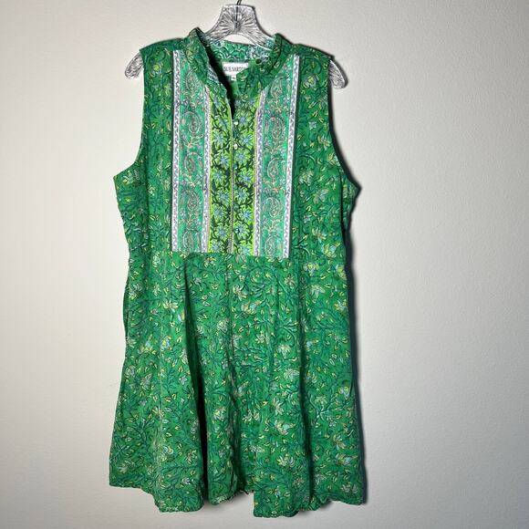Sue Sartor Floral Print Sleeveless Button Front Mini Sundress Womens Large Green - Picture 1 of 5